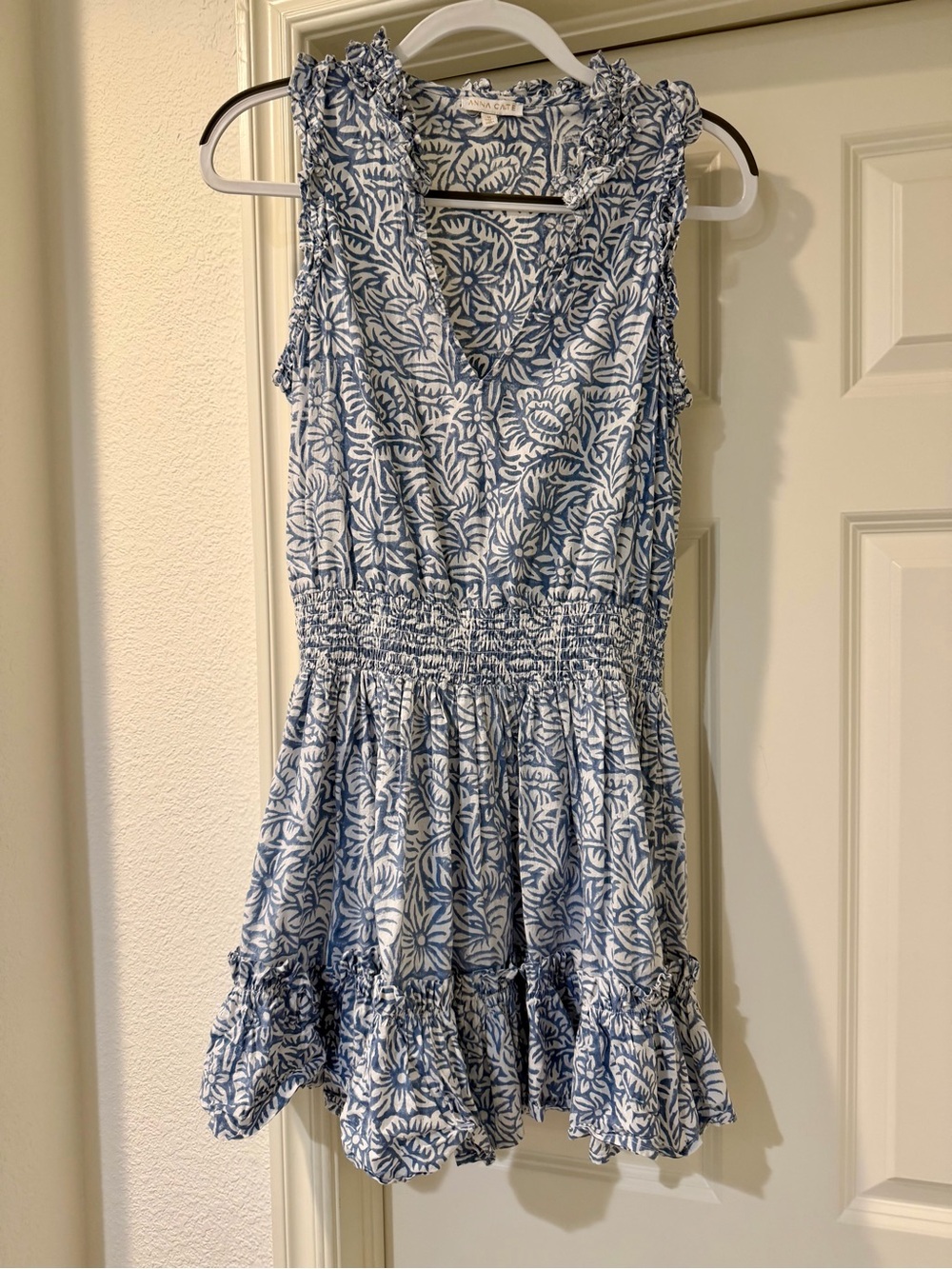 Blue and White Floral Smocked Waist Sleeveless Dress
